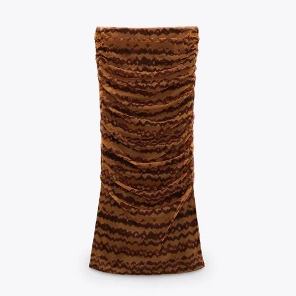 Zara TULLE PENCIL MIDI SKIRT High-waist w/ Elastic Waistband BROWN SIZE Small - Picture 3 of 6